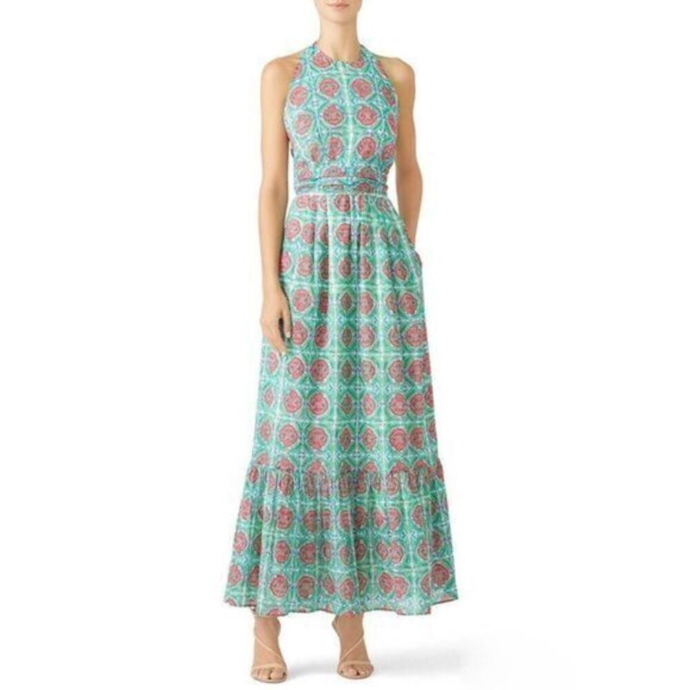 BANJANAN Green Printed Cotton Halter Geometric Pattern Maxi Dress MEDIUM